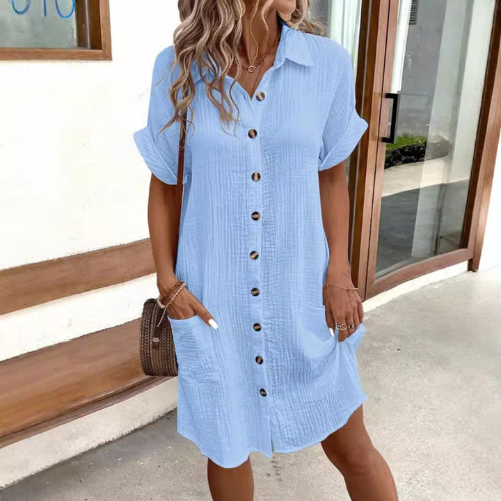 Damen lässiges Hemdblusenkleid aus leichtem Baumwollmischgewebe mit Knopfleiste und Seitentaschen Drune