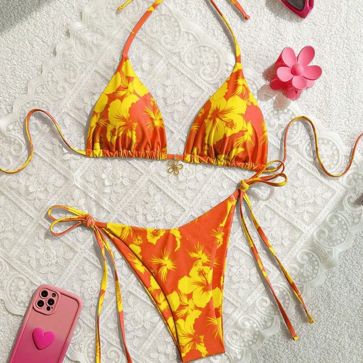 Damen Triangel-Bikini mit floralen Akzenten und raffinierten Bindebändern Drune