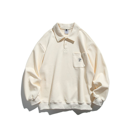 Unisex Oversize-Poloshirt-Sweatshirt mit Brusttasche und Rippsaum Drune