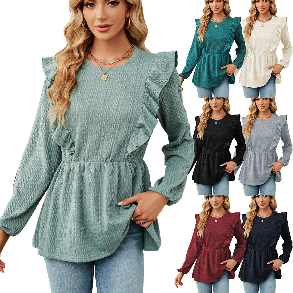 Damen trendiges Blusenshirt mit Rüschendetails und elastischem Bund Drune