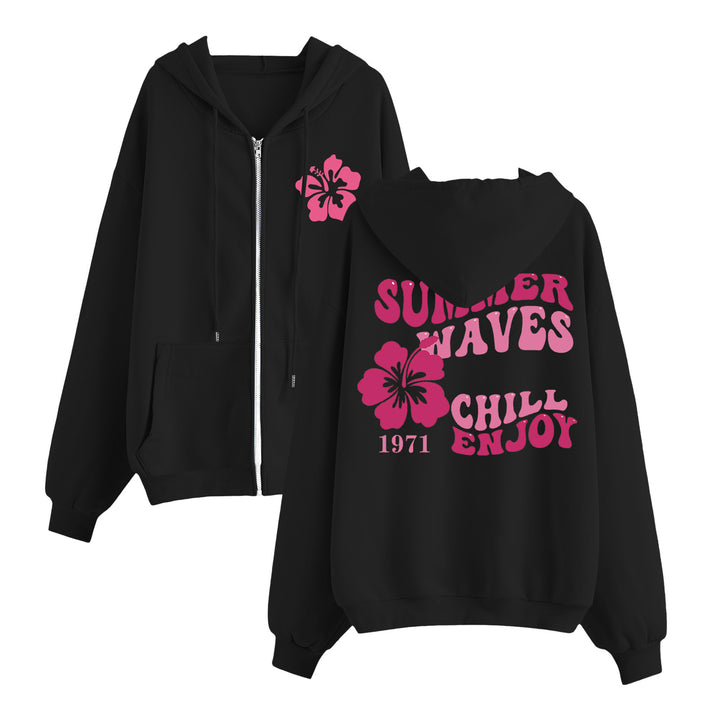 Damen nan entspannter Zip-Hoodie mit tropischem Hibiskus-Print, Kängurutaschen und gerippten Bündchen Drune