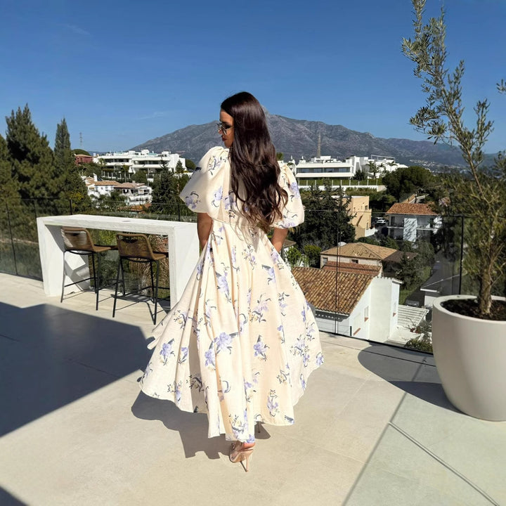 Damen Maxikleid mit elegantem V-Ausschnitt und voluminösen Puffärmeln Drune