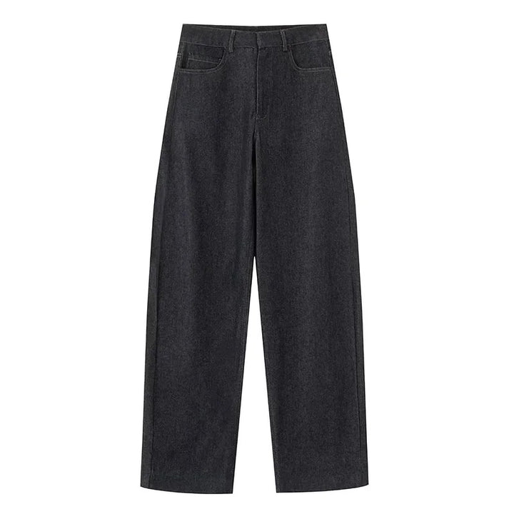 Damen nan hochgeschnittene weite Stoffhose mit geradem Bein, Gürtelschlaufen und dezentem Bunddetail Drune