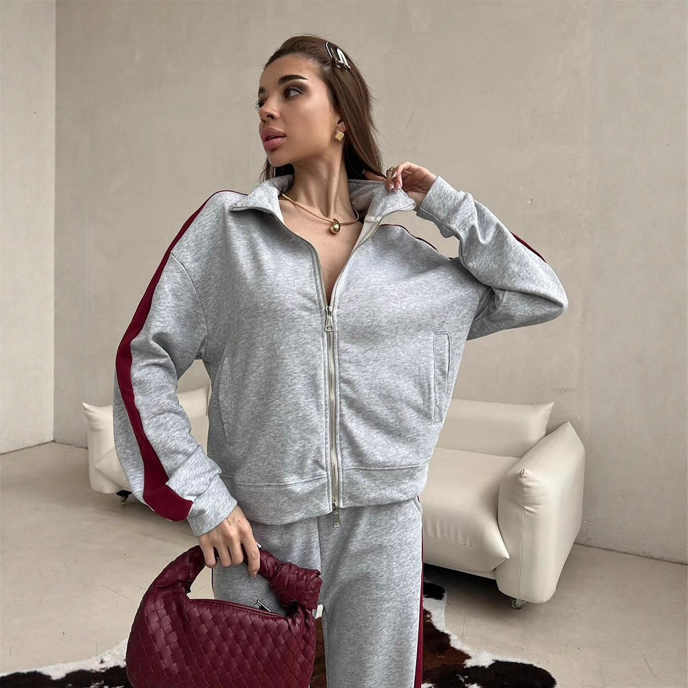 Damen weites Zip-Sweatset mit Kapuze, hohen Bund und seitlichem Kontraststreifen Drune
