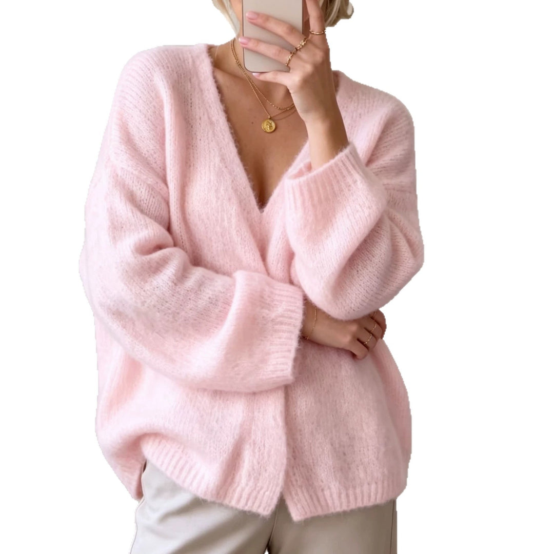 Damen Offener Fluffy-Feinstrick-Cardigan mit tiefem V‑Ausschnitt und legerer Oversize‑Silhouette Drune