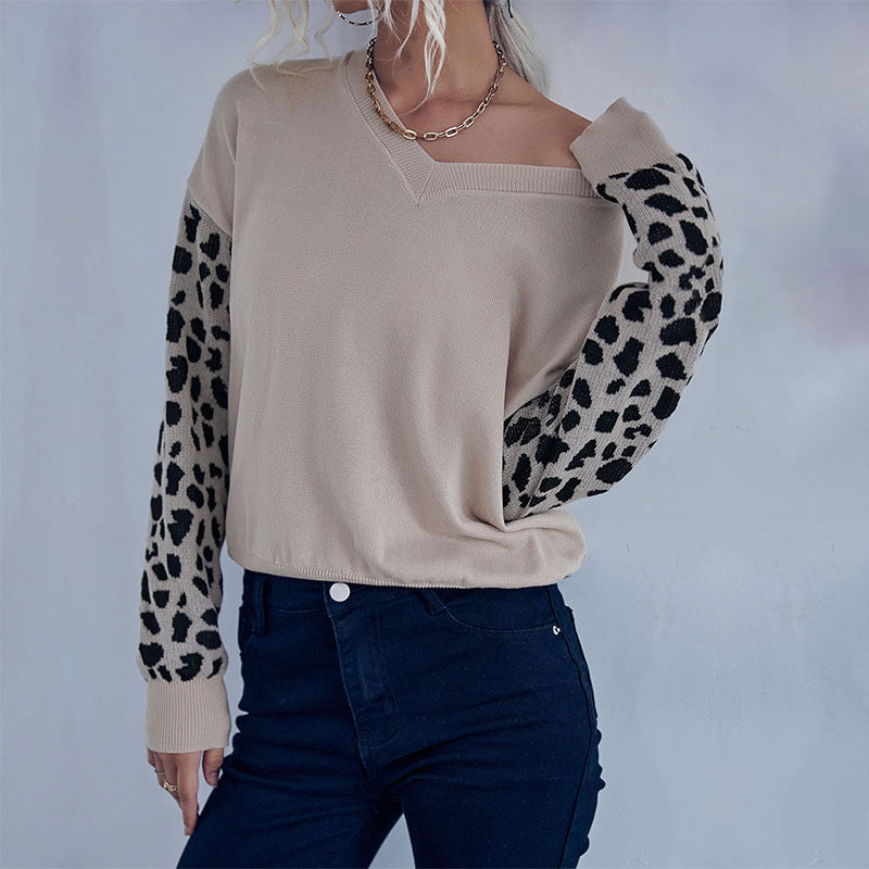 Damen V‑Ausschnitt-Feinstrickpullover mit Animal-Motivärmeln und elastischem Saum Drune
