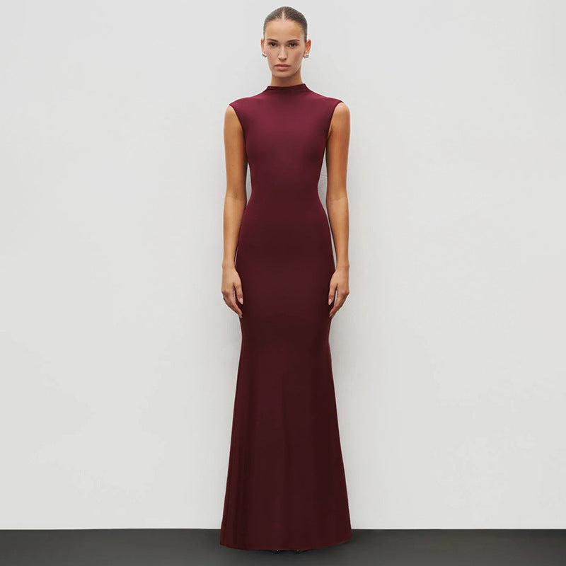 Damen Elegantes Schmalgeschossenes Maxikleid mit hohem Kragen Drune