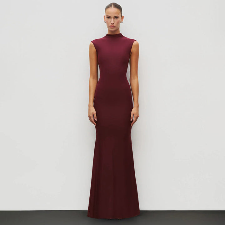 Damen Elegantes Schmalgeschossenes Maxikleid mit hohem Kragen Drune