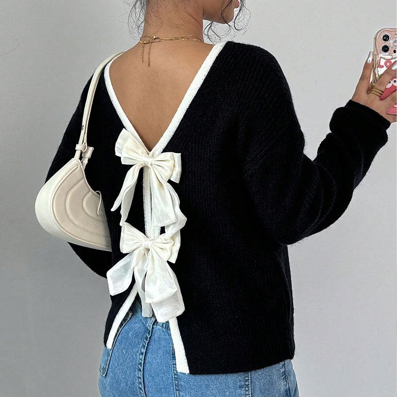 Damen Strickpullover mit V-Ausschnitt und dekorativen Schleifen Drune
