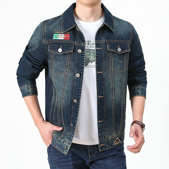 Herren Jeansjacke im Vintage-Look mit Patches und bedrucktem Innenfutter Drune