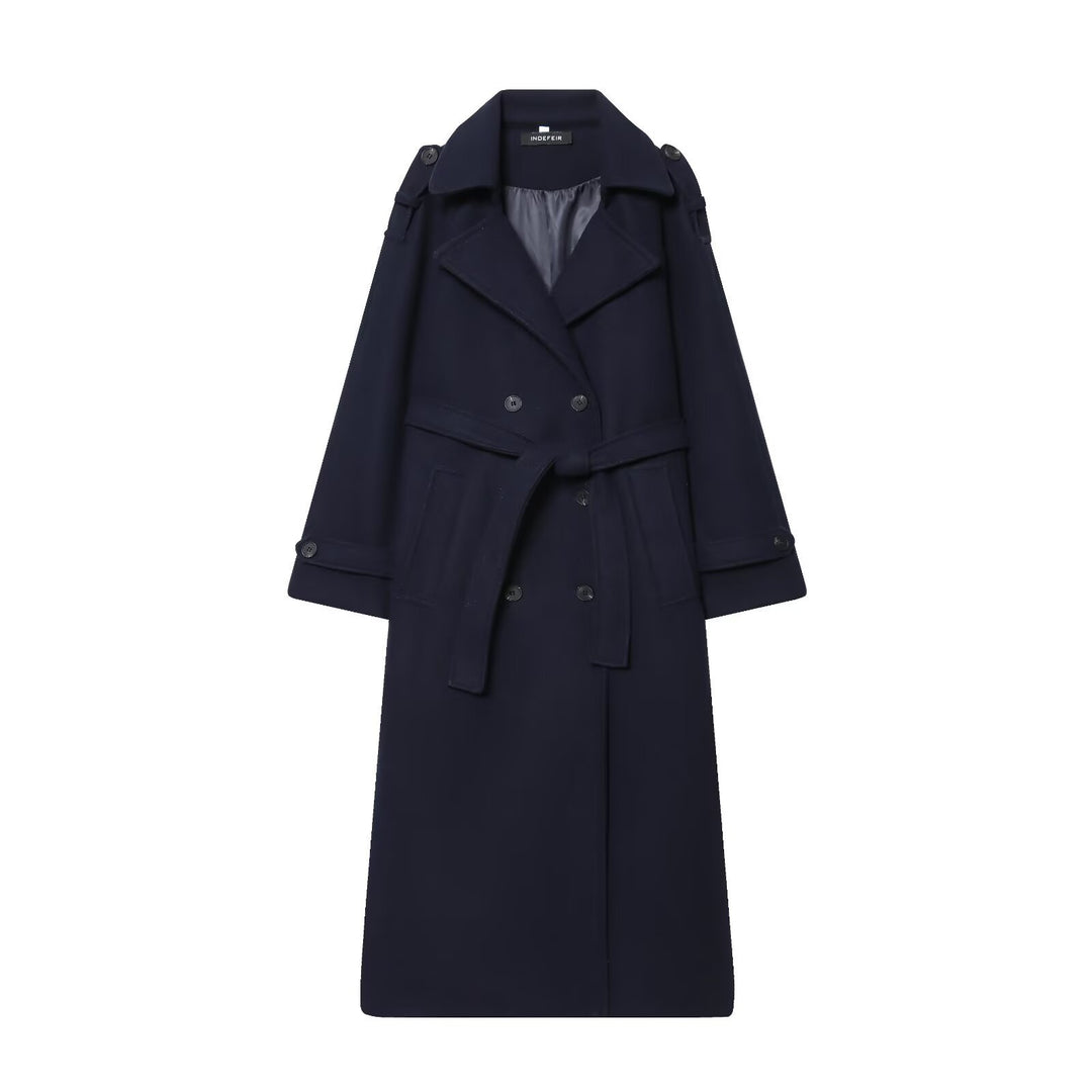 Damen Langer Doppelreiher-Trenchcoat mit Bindegürtel und Schulterriegeln Drune