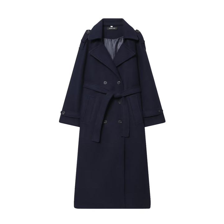 Damen Langer Doppelreiher-Trenchcoat mit Bindegürtel und Schulterriegeln Drune