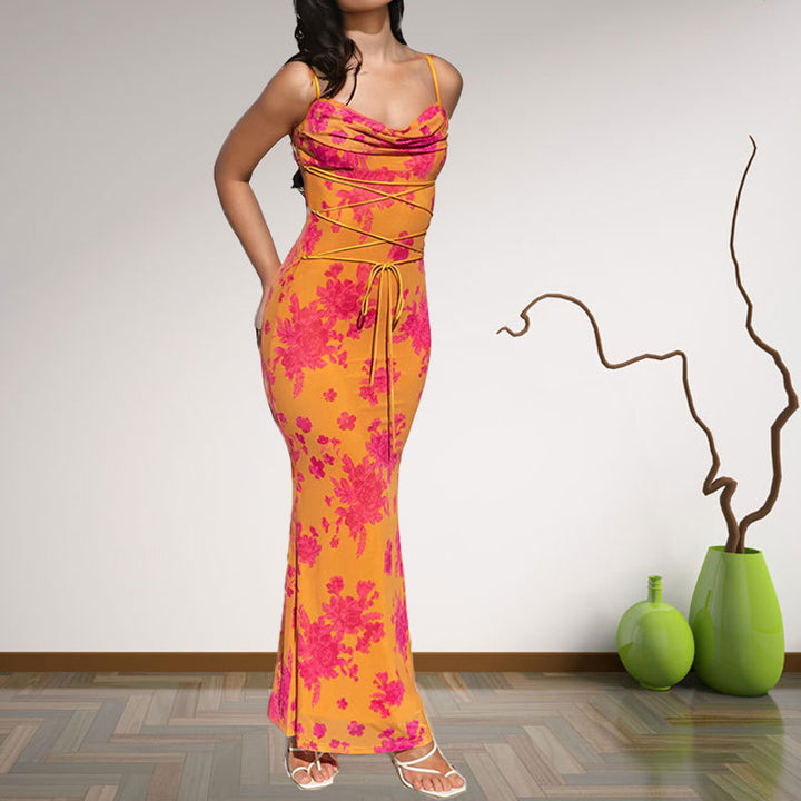 Damen Maxi-Kleid mit elegantem Wasserfallausschnitt und dekorativen Spaghetti-Trägern Drune