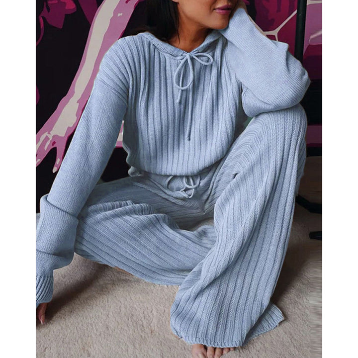 Damen Geripptes Strick-Loungewear-Set mit Kapuzenpullover und weiter Kordelzughose Drune