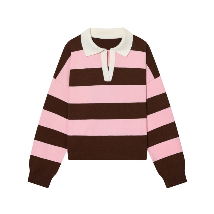 Damen nan gestreifter Rugby-Pullover mit Polokragen und tiefem V-Schlitz Drune