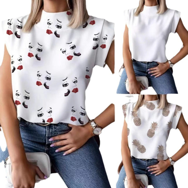 Damen Elegantes Oberteil mit hochgeschlossenem Kragen und kurzen Ärmeln Drune
