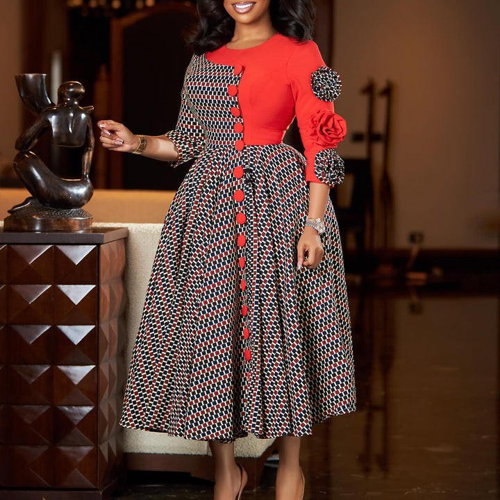 Damen Elegantes Kleid mit grafischem Muster und mehrfarbigen Details Drune