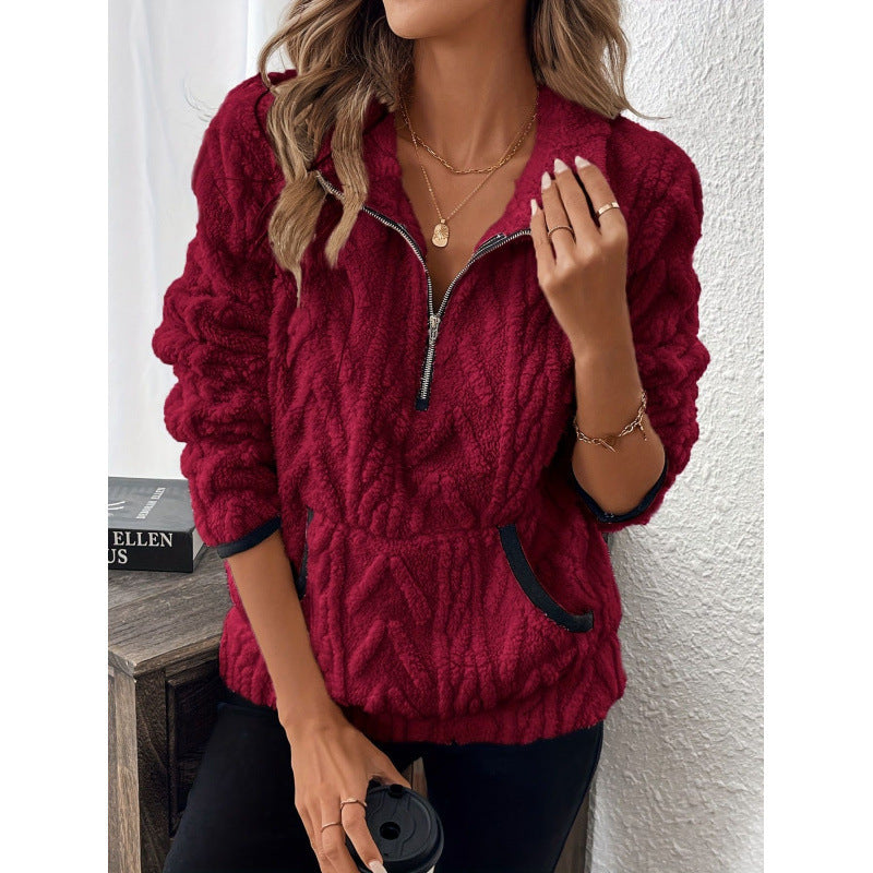 Damen flauschiger Teddy-Pullover mit halbem Reißverschluss und hohen Kragen Drune