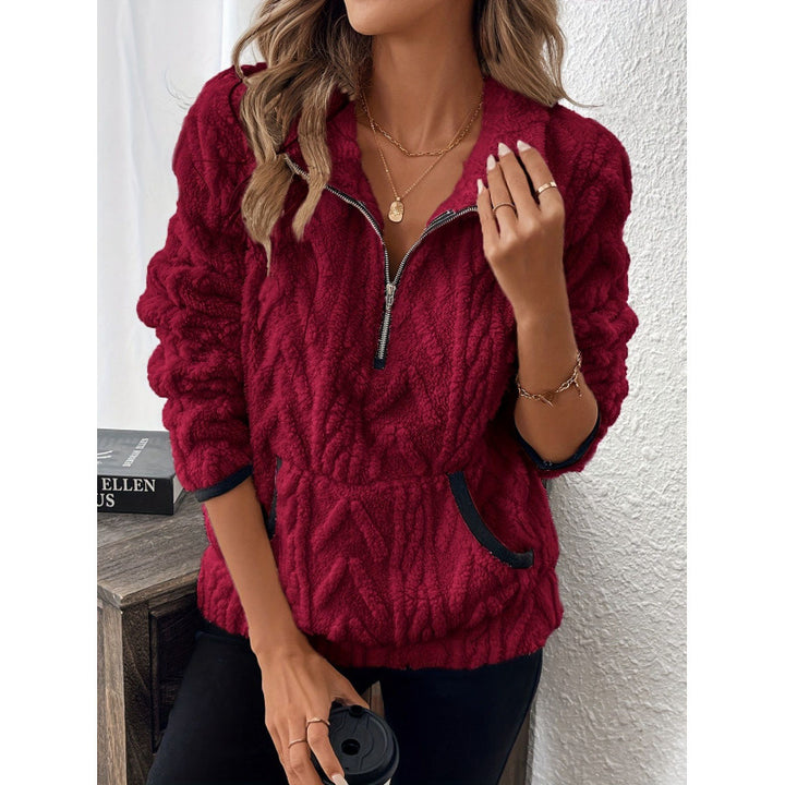 Damen flauschiger Teddy-Pullover mit halbem Reißverschluss und hohen Kragen Drune