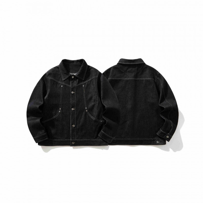 Herren Kurz geschnittener Denim-Workerblouson mit kastiger Silhouette, Kontrastnähten und Rundtaschen Drune