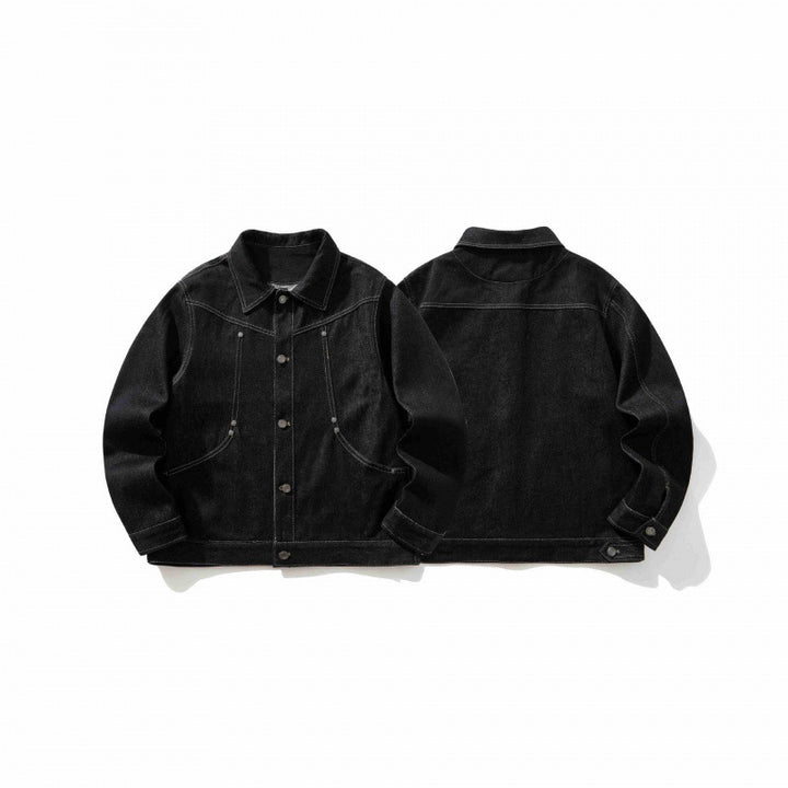 Herren Kurz geschnittener Denim-Workerblouson mit kastiger Silhouette, Kontrastnähten und Rundtaschen Drune