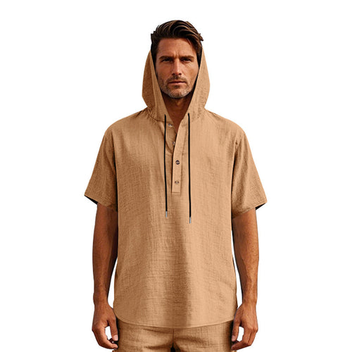 Herren Kurzarm Kapuzenoberteil mit knöpfbarem Ausschnitt und komfortabler Passform Drune