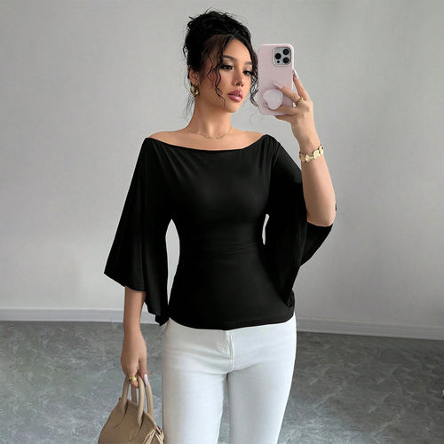 Damen elegantes Off-Shoulder-Top mit weiten Ärmeln und figurformender Passform Drune