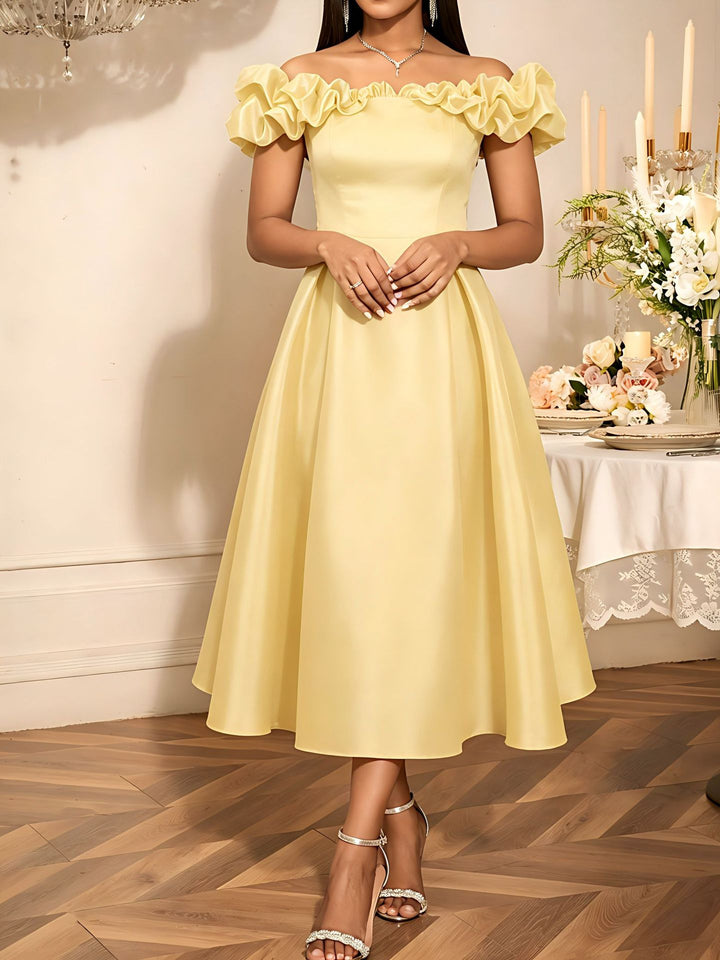 Damen Midi-Party Kleid mit schulterfreiem Design und voluminösen Rüschen Drune