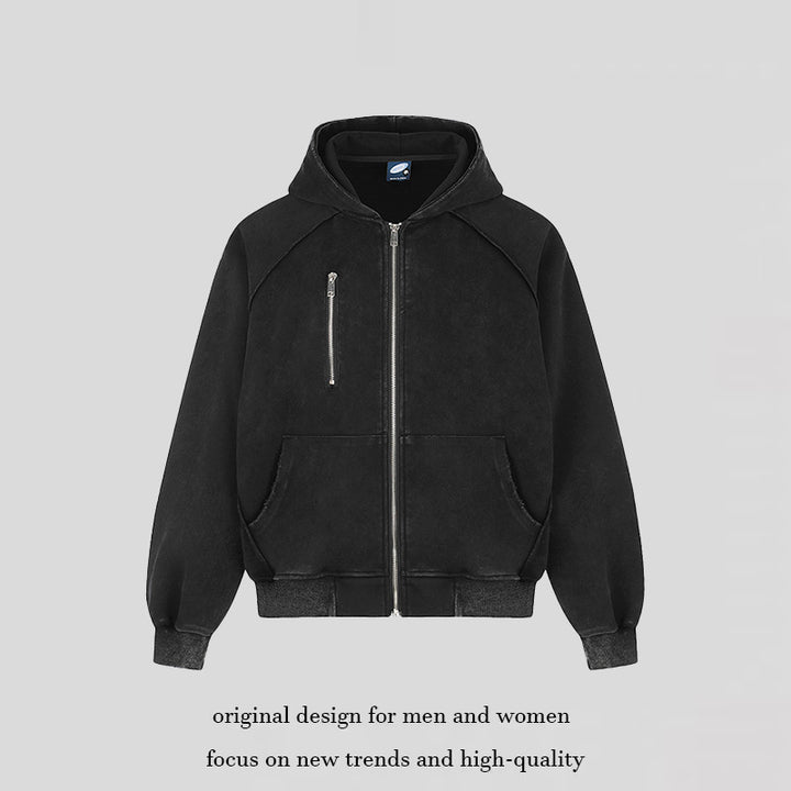 Damen Kapuzen-Zipjacke im Oversize-Suede-Look mit Raglanärmeln und Brust-Reißverschlusstasche Drune