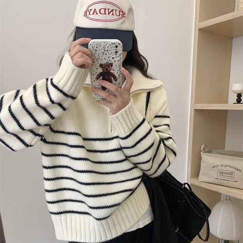 Damen Lässiger Pullover mit gestreiftem Design und halbem Reißverschluss Drune