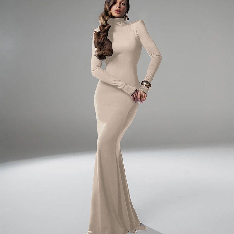 Damen figurbetontes Maxikleid mit hohem Kragen und langen Ärmeln Drune