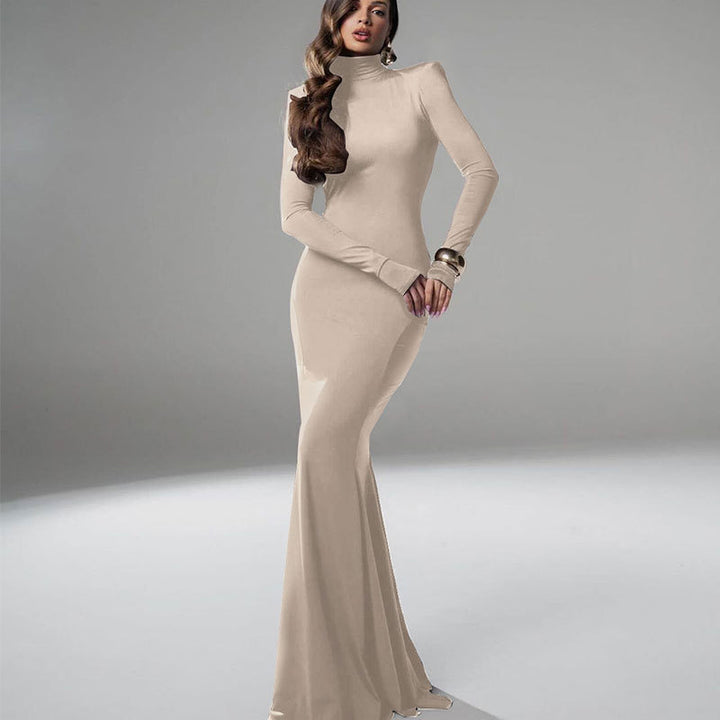 Damen figurbetontes Maxikleid mit hohem Kragen und langen Ärmeln Drune