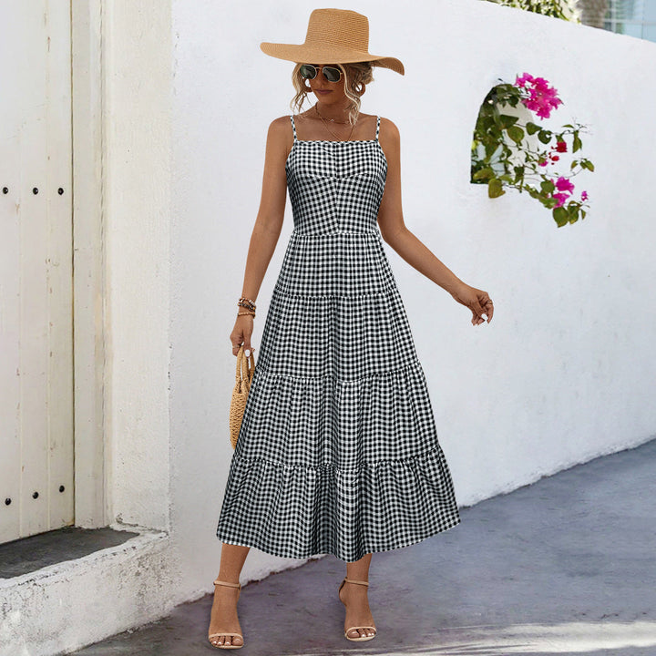 Damen Maxikleid im karierten Design mit Taillenakzent und Rüschensaum Drune