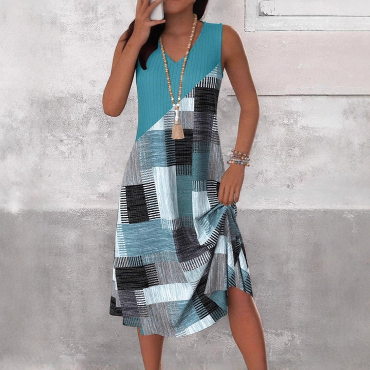 Damen nan ärmelloses V-Ausschnitt Midikleid mit diagonalem Patchworkmuster und geripptem Oberteil Drune