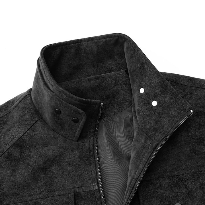 Herren  Faux-Suede Strukturierte Stehkragen-Zip-Jacke mit schrägen Brusttaschen Drune