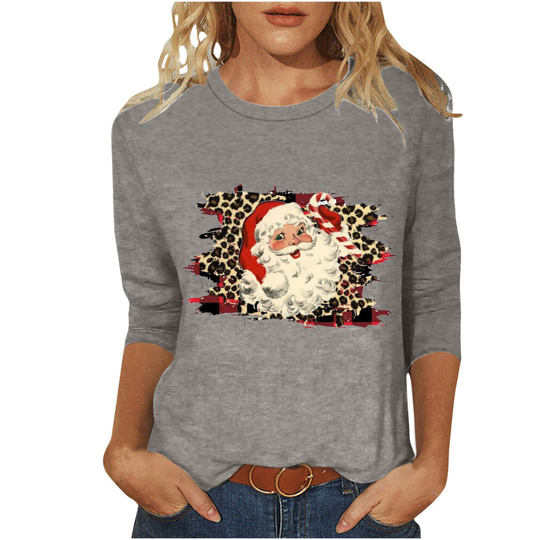 Damen nan lässiges Sweatshirt mit Retro-Weihnachtsmann-Print, Leoparden- und Karomuster und dreiviertelärmel Drune