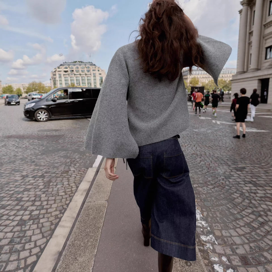 Damen Kurzes Wollmix‑Cape mit Rundhals, Tunnelzug‑Taillierung und Trompetenärmeln Drune