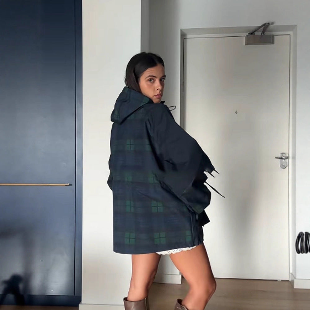 Damen Oversized Jacke im lässigen Karo-Design mit praktischen Taschen und Taillenzug Drune