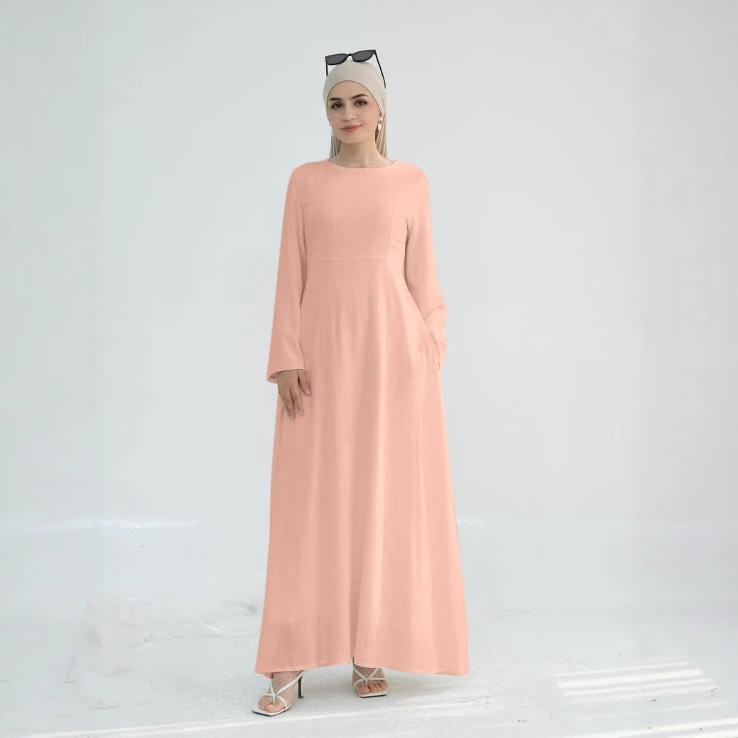 Damen elegantes Maxikleid mit langen Ärmeln und seitlichen Taschen Drune