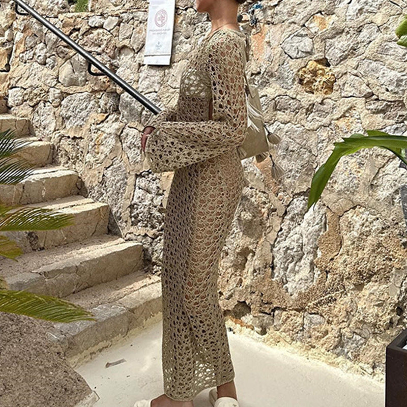 Damen Elegantes Häkel-Maxikleid mit weitem Schnitt und feinen Details Drune