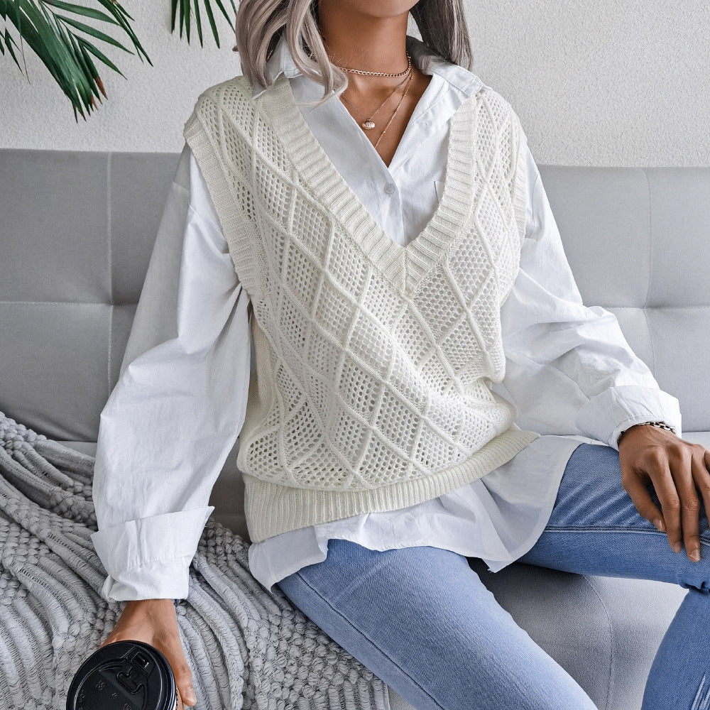Damen Strickweste mit V-Ausschnitt und karoartigem Muster Drune