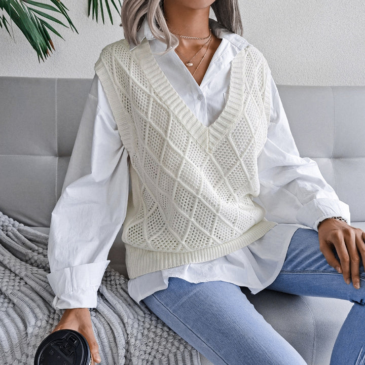 Damen Strickweste mit V-Ausschnitt und karoartigem Muster Drune