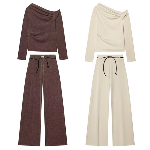 Damen Asymmetrisches Feinstrick-Top mit Wasserfallkragen und seitlicher Raffung Drune