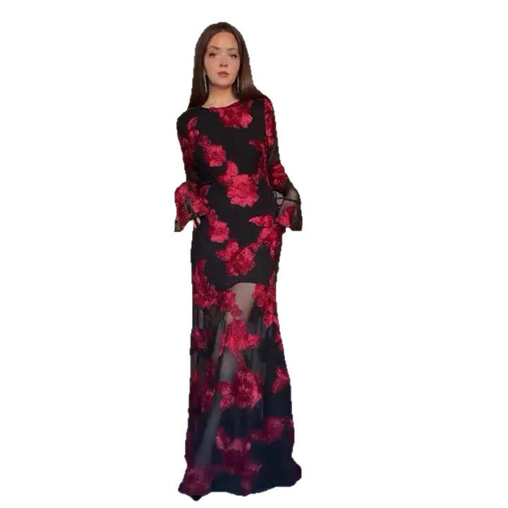 Damen Maxikleid mit transparentem Mesh und floraler Stickerei Drune