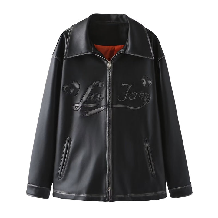 Damen nan oversized Kunstlederjacke mit Schalkragen und geprägter Logostickerei Drune