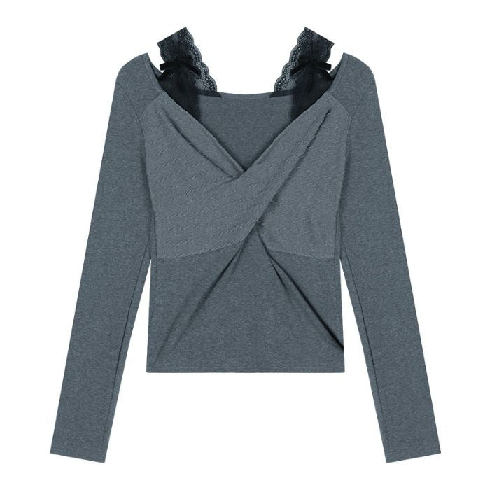 Damen Langarmshirt mit eleganter Raffung und Spitzenakzenten Drune