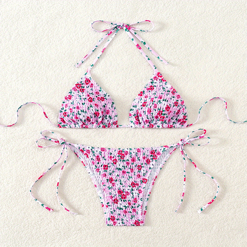 Damen Floral Push-Up-Bikini-Set mit verspielten Bindebändern Drune