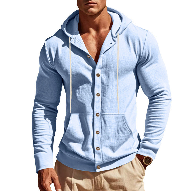 Herren nan leichte Kapuzen-Strickjacke mit durchgehender Knopfleiste schmaler Schnitt und Kängurutasche Drune
