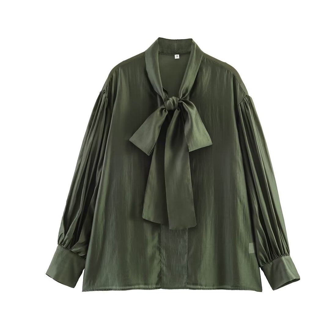 Damen Schluppenbluse aus Satin mit Ballonärmeln und weiter Passform Drune