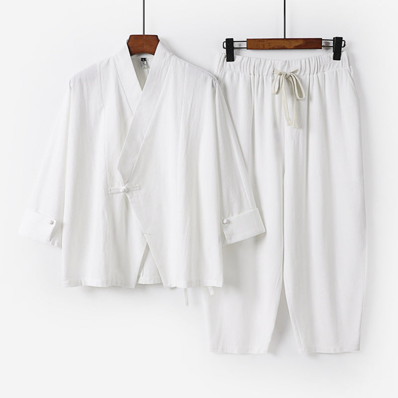 Herren Atmungsaktives Leinen-Baumwoll Lounge-Set mit asymmetrischem V-Kragen und elastischer Kordelhose Drune